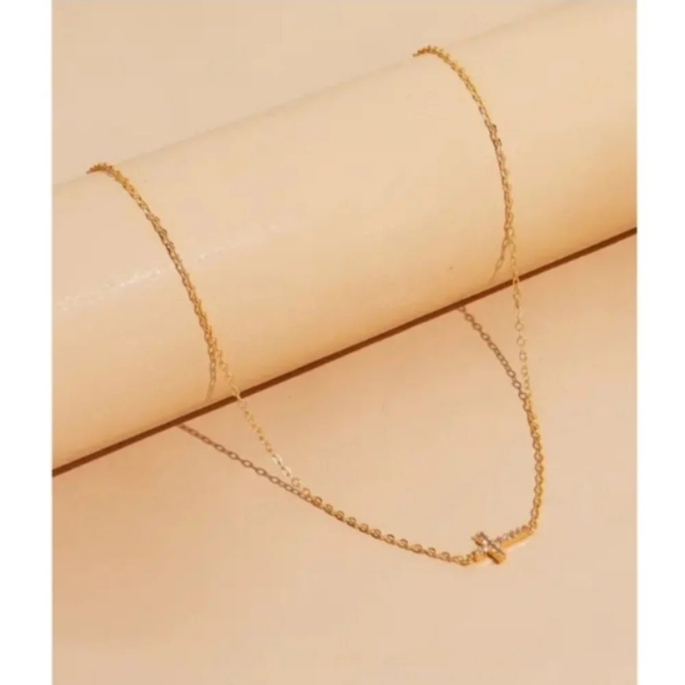 NEW! Anthropologie Delicate Sideways Tiny Cross CZ Cubic Zirconia Gold Necklace